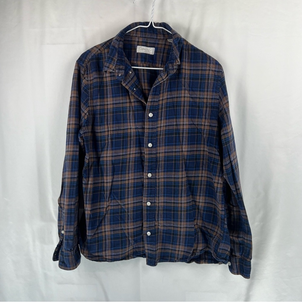 Cotton & Co - Medium - Blue and Tan Fleece - Men's Button Down Fleece